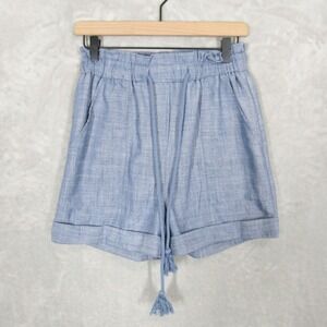 FRNCH Shorts Tassel Drawstring Small Paris Blue Linen Blend Paperbag Waist